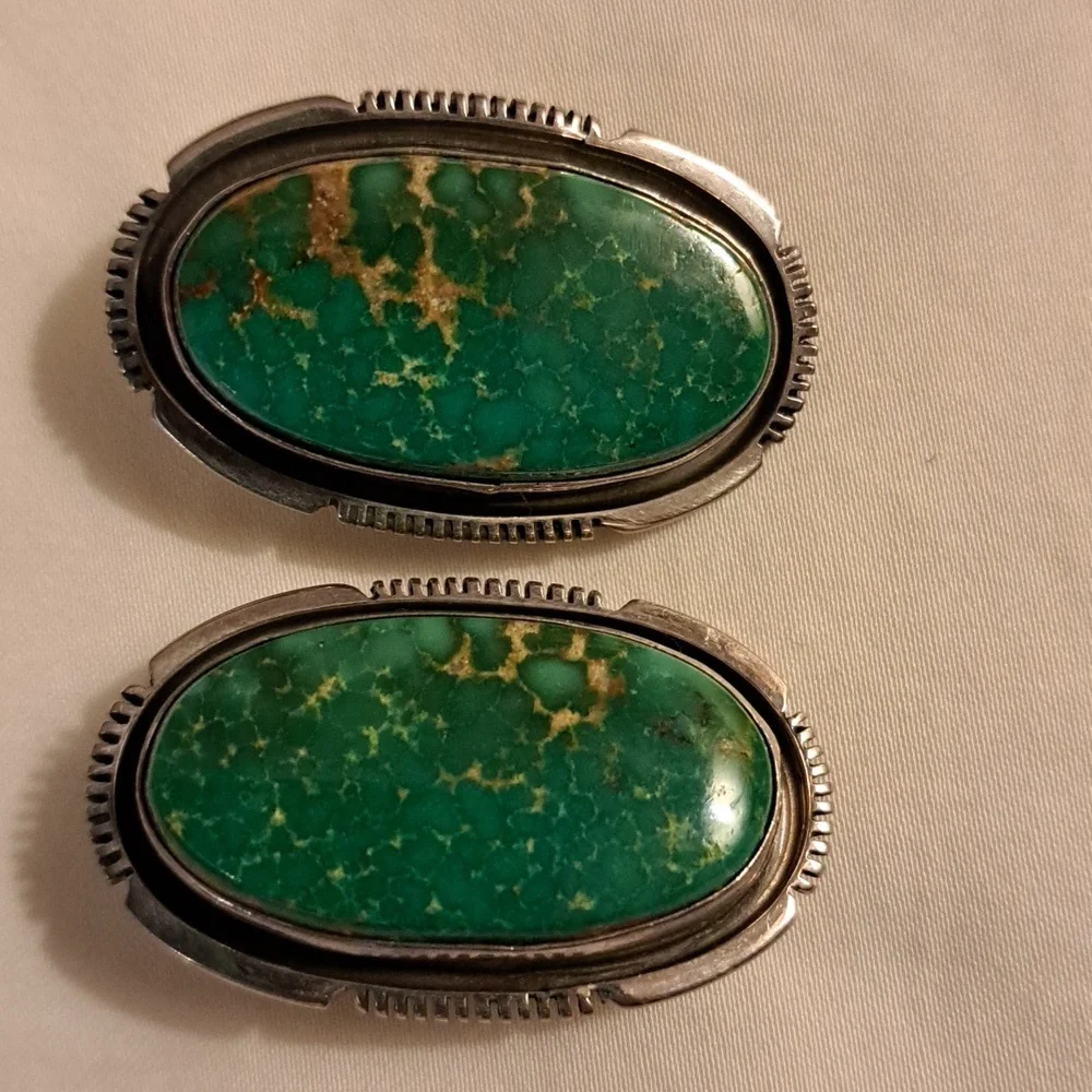 P Sanchez  sterling teal colored turquoise 1 and half approx inch clip earrings - Picture 2 of 4